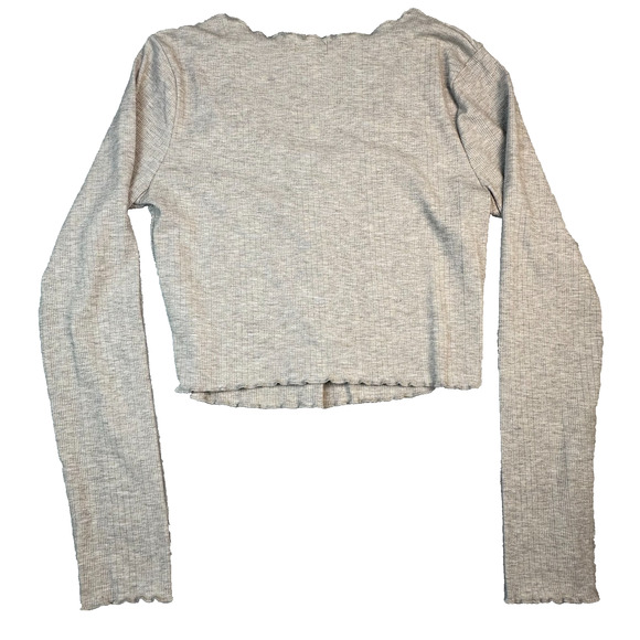 Bozzolo Oatmeal Long Sleeve Button Up Crop Lettuce Hem Blouse Size M Academia - Picture 4 of 11